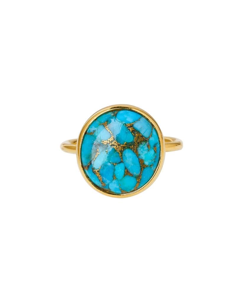 YoTreasure 13x14 MM Blue Copper Turquoise Ring 14k Gold Plated Over 925 Silver Jewelry