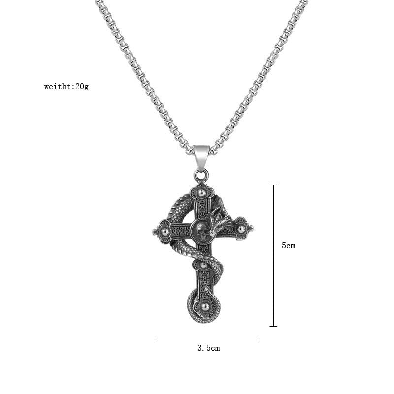 Retro Cross Necklace Dragon Pendant Protection with 23.6'' Stainless Steel Chain