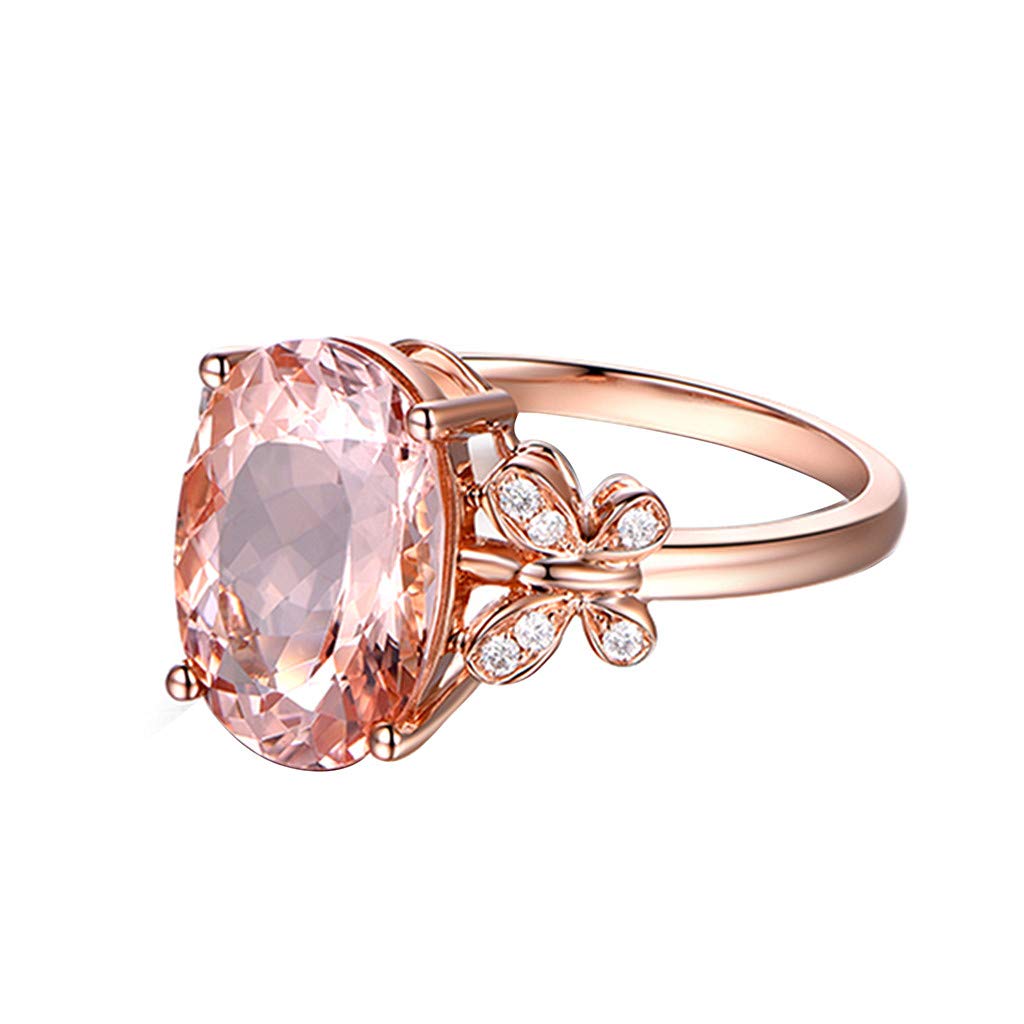 Women Oval Solitaire Ring Pink Simulated Gemstone Wedding Engagement Band CZ Butterfly Zircon Rings Fashion Jewelry (Rose Gold, 6)