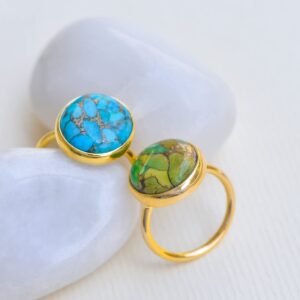 YoTreasure 13x14 MM Blue Copper Turquoise Ring 14k Gold Plated Over 925 Silver Jewelry