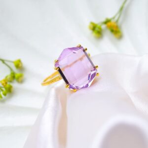 YoTreasure Natural Amethyst Gold Plated over 925 Sterling Silver Statement Double Prong Ring For Women