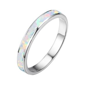 Fashion Jewelry Women Wedding Ring Crushed Created Opal Inlay Engagement Bands Promise Stackable Band (White, 7)