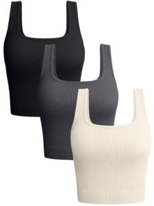 oqq women's 3 piece tank tops ribbed seamless workout exercise shirts yoga crop tops black darkgrey beige