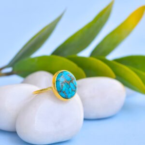 YoTreasure 13x14 MM Blue Copper Turquoise Ring 14k Gold Plated Over 925 Silver Jewelry