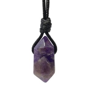 luck strings natural amethyst point necklace quartz crystal pendant for men women unisex adult - spiritual meditation stone cord choker gift