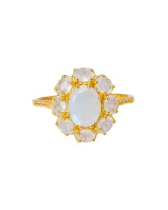 yotreasure 7x9 mm rainbow moonstone & white topaz 14k gold over 925 silver ring