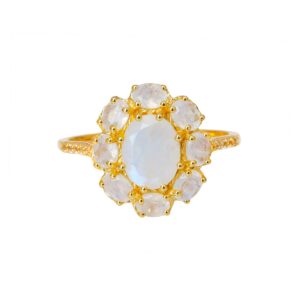 YoTreasure 7x9 MM Rainbow Moonstone & White Topaz 14k Gold Over 925 Silver Ring