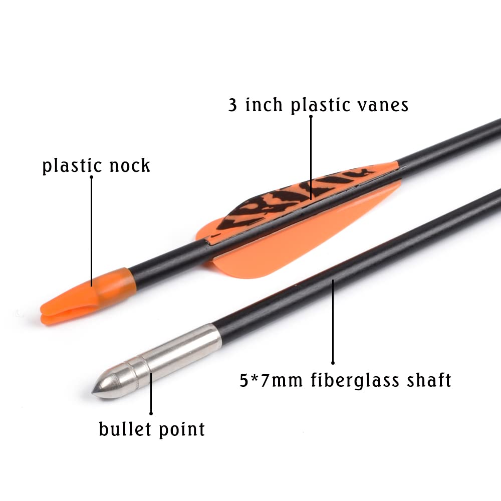 6875 Fiberglass Arrows Archery 24 Inch Target Shooting Safetyglass Recurve Bows Suitable for Youth Children Woman Beginner 12pcs/Pack (tigerspot Orange Vanes)