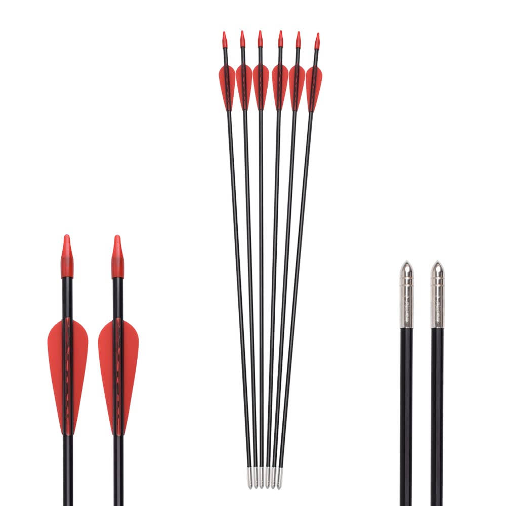 6875 Fiberglass Arrows Archery 24 Inch Target Shooting Safetyglass Recurve Bows Suitable for Youth Children Woman Beginner 6pcs/Pack (tigerspot red Vanes)