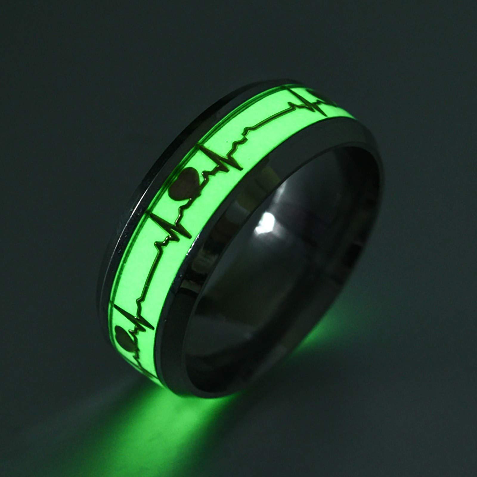 Couple Heartbeat Luminous Ring Glow in The Dark Stainless Steel Promise Ring Engagement Wedding Band for Men Women (as Show, 6)