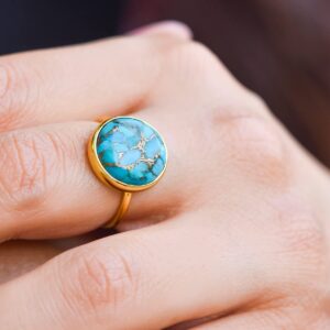 YoTreasure 13x14 MM Blue Copper Turquoise Ring 14k Gold Plated Over 925 Silver Jewelry