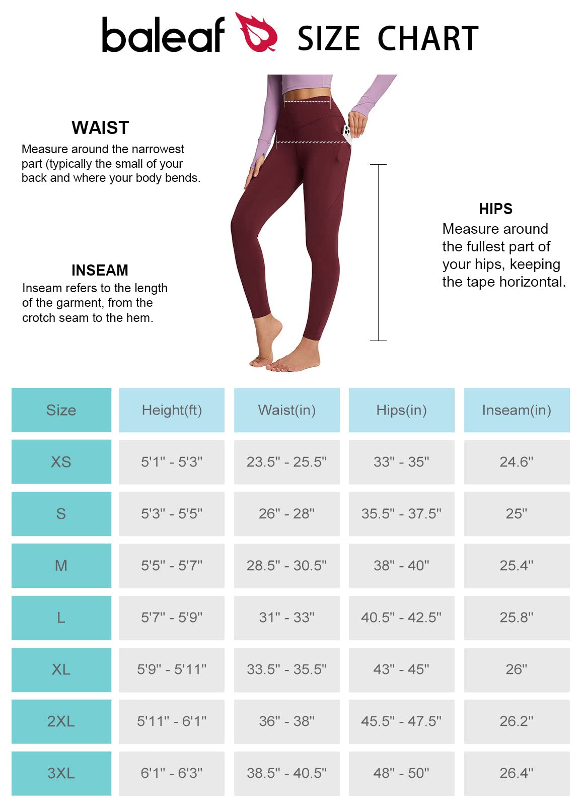 BALEAF Women's Fleece Lined Leggings with Pockets 25" Petite Thermal Winter Warm High Waisted Thick 7/8 Yoga Pants Wine Red S