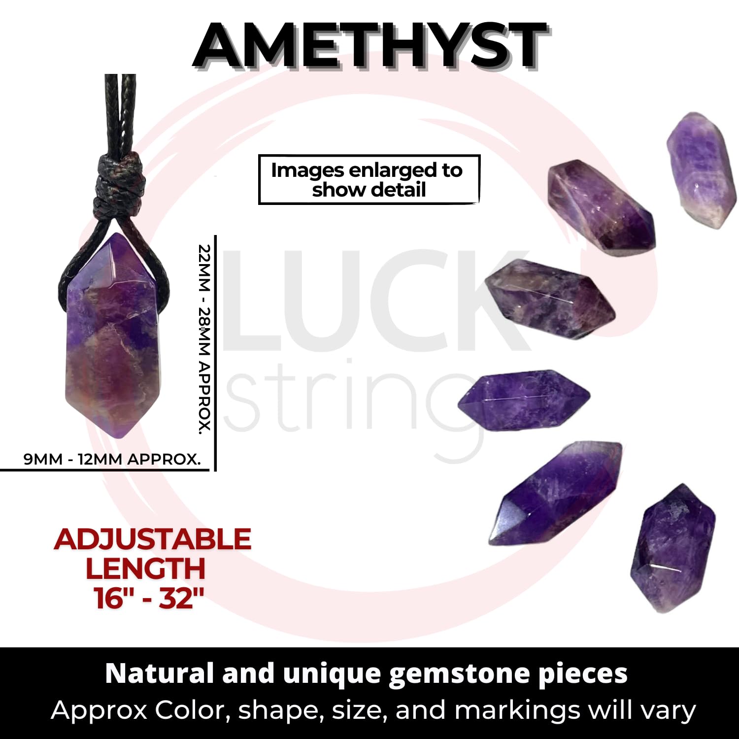 Luck Strings Natural Amethyst Point Necklace Quartz Crystal Pendant for Men Women Unisex Adult - Spiritual Meditation Stone Cord Choker Gift