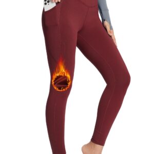 BALEAF Women's Fleece Lined Leggings with Pockets 25" Petite Thermal Winter Warm High Waisted Thick 7/8 Yoga Pants Wine Red S