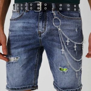 Jemiwa Grommet Leather Belt with Detachable Chain Punk Aesthetic Waist Belt Rock Style Jeans Belt Chains (E)