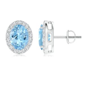 DONAGEMS 9x7 Oval Cut Gemstone Halo Studs Earrings with Push Back - Aquamarine