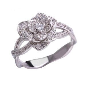 3d rose ring cz simulated diamond ring flower ring for women anniversary wedding engagement band (silver, 8)