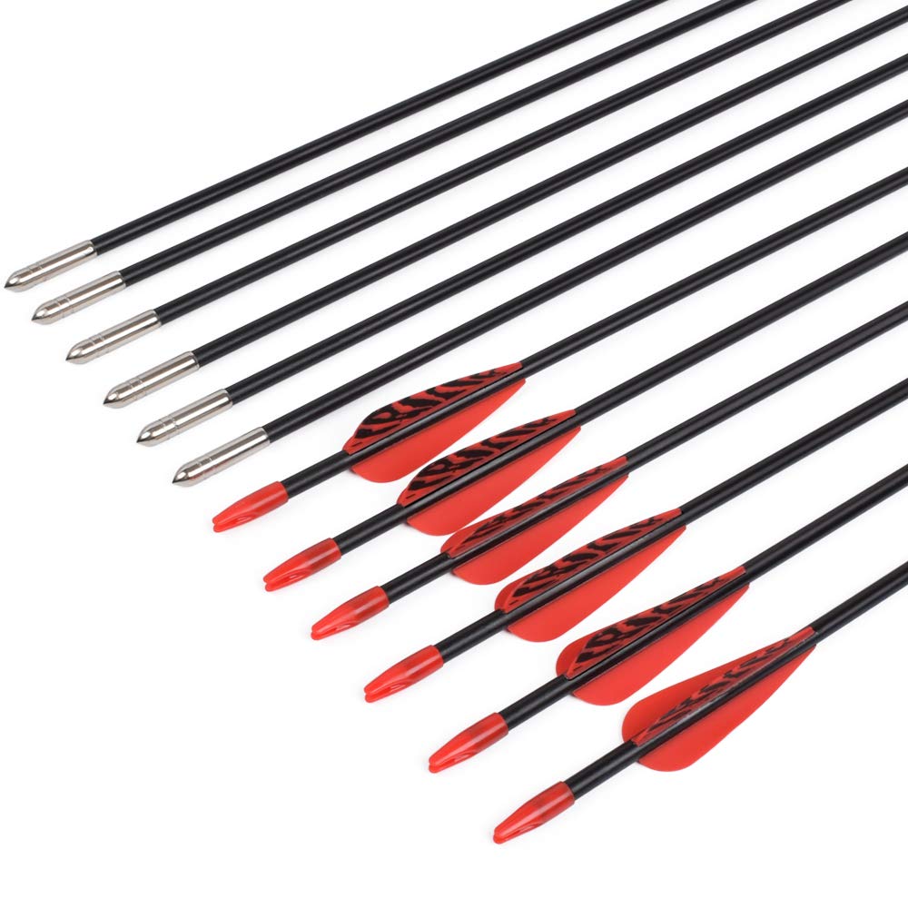 6875 Fiberglass Arrows Archery 24 Inch Target Shooting Safetyglass Recurve Bows Suitable for Youth Children Woman Beginner 6pcs/Pack (tigerspot red Vanes)