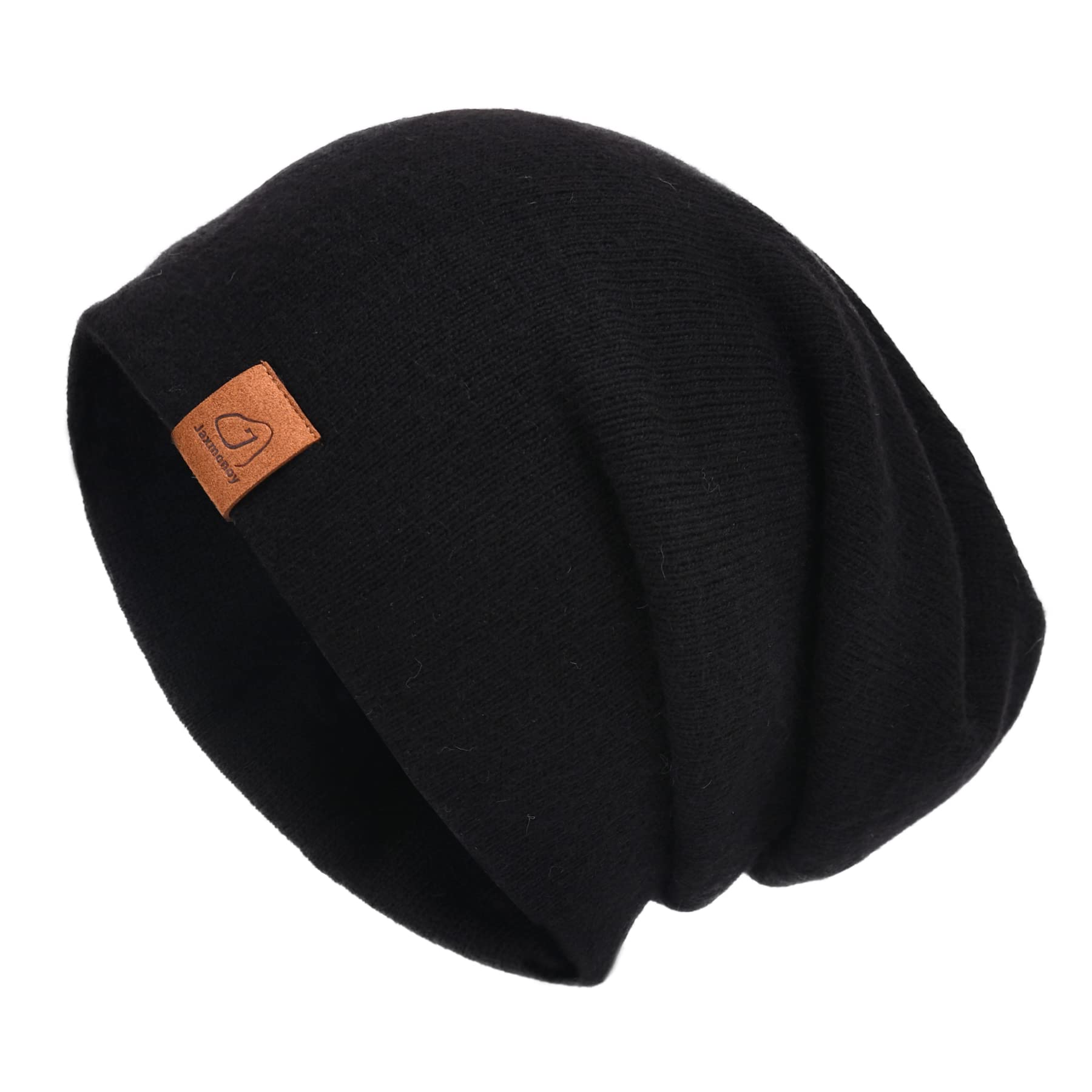 jaxmonoy Wool Cashmere Slouchy Knit Beanies Winter Hats for Women Men Soft Warm Double Layer Reversible Lightweight Slouch Cuffed Skull Beanie Cap - Black