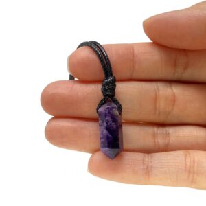 Luck Strings Natural Amethyst Point Necklace Quartz Crystal Pendant for Men Women Unisex Adult - Spiritual Meditation Stone Cord Choker Gift