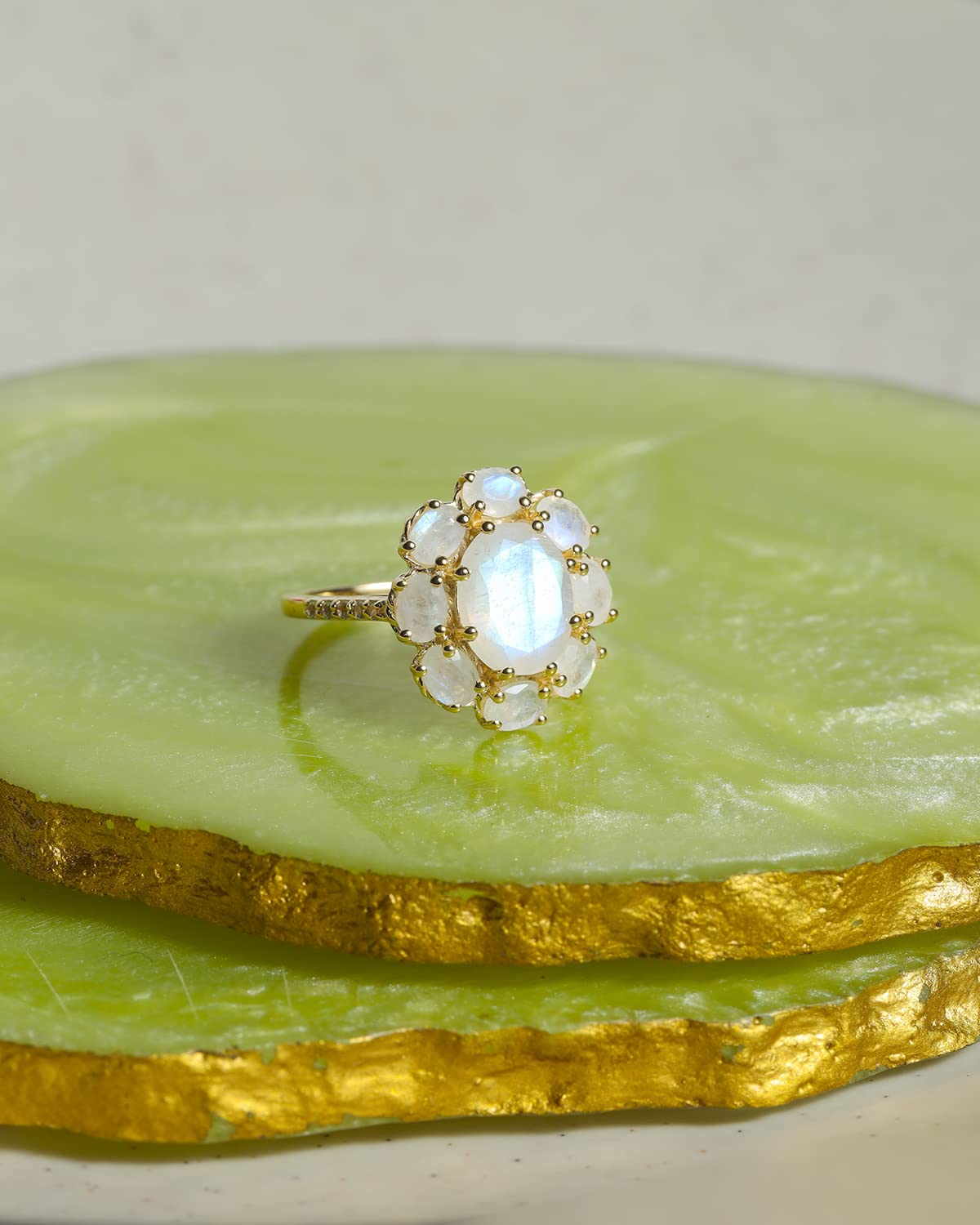 YoTreasure 7x9 MM Rainbow Moonstone & White Topaz 14k Gold Over 925 Silver Ring