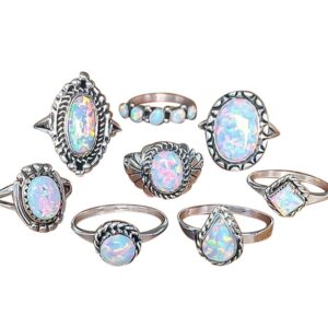 8pcs stackable rings opal rings set for women simulated gemstone ring wedding engagement band vintage jewelry (silver, one size)