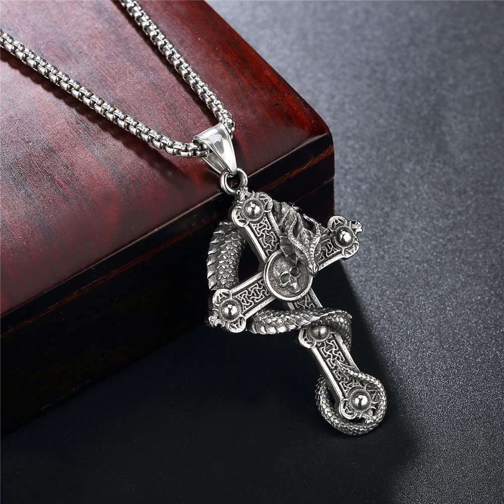 Retro Cross Necklace Dragon Pendant Protection with 23.6'' Stainless Steel Chain