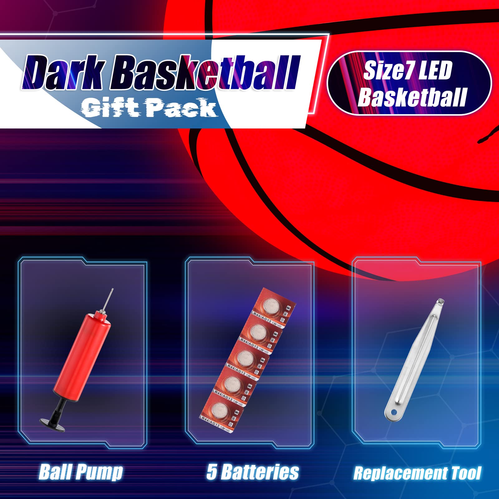 Meanplan Glow in The Dark Official Size Basketball for Teen Boys Girls with 2 LED Lights, Rubber, Unisex-Youth, Long Battery Life, Indoor Outdoor Use (Black/Red)