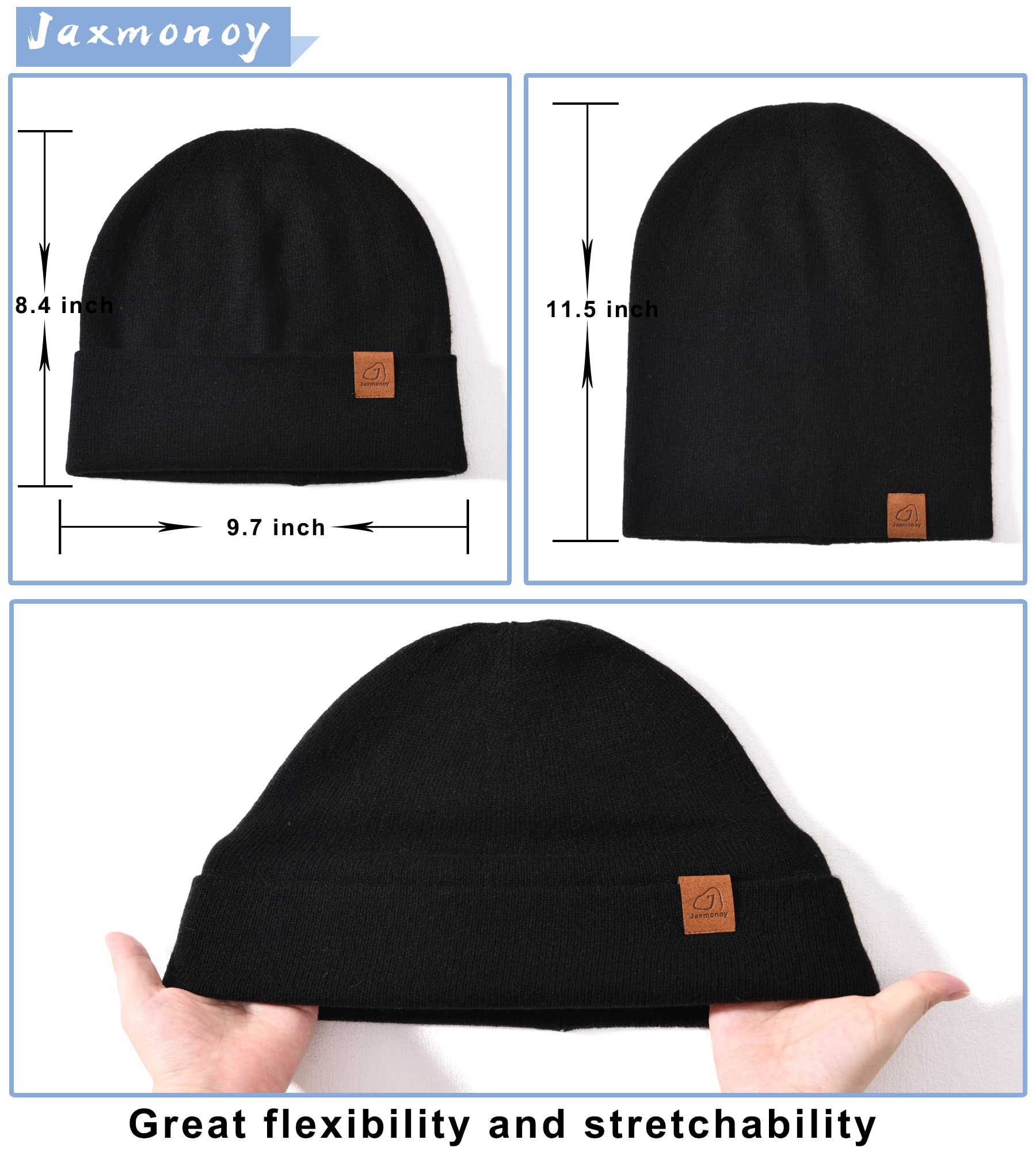 jaxmonoy Wool Cashmere Slouchy Knit Beanies Winter Hats for Women Men Soft Warm Double Layer Reversible Lightweight Slouch Cuffed Skull Beanie Cap - Black