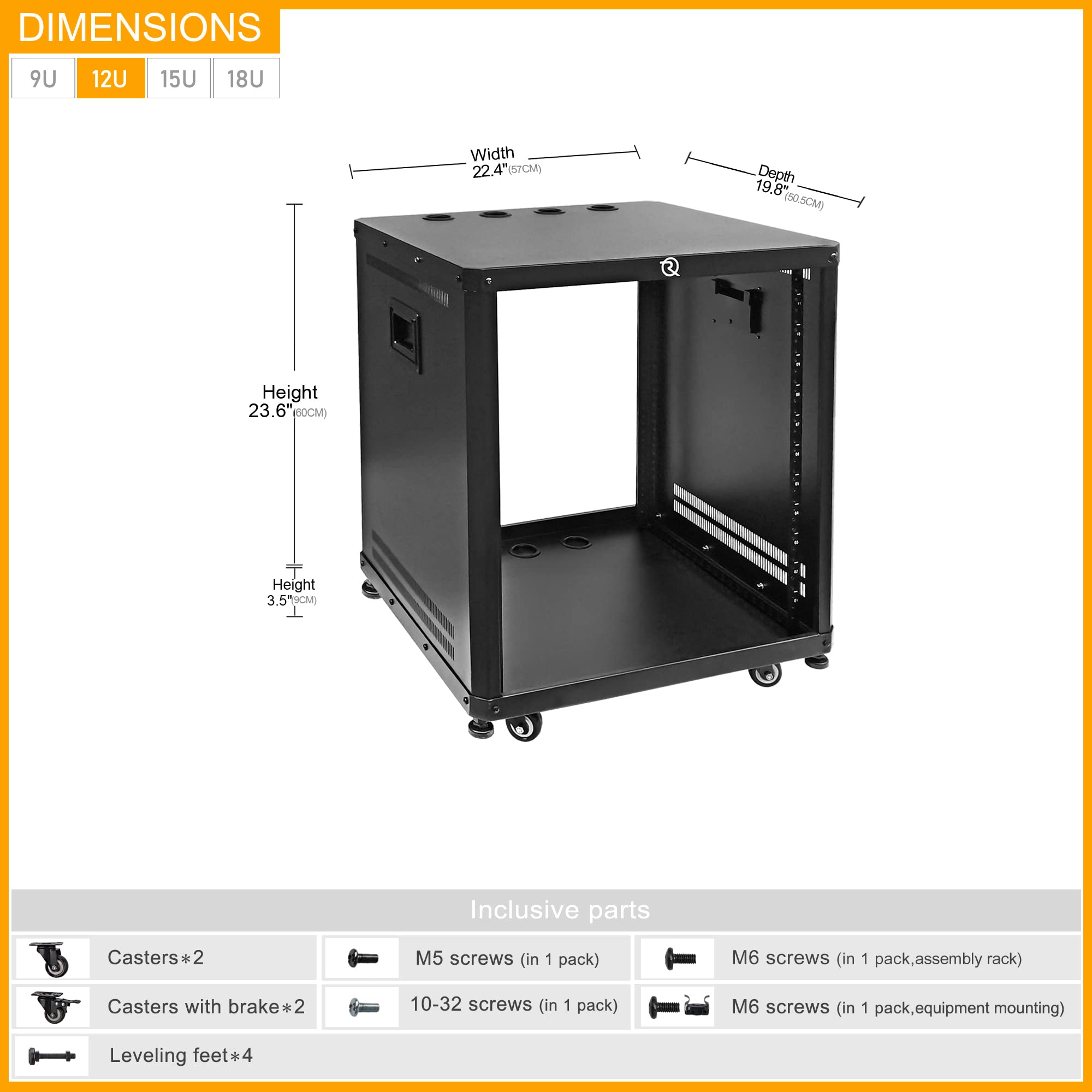 RIVECO POMU 12U Network & Stereo Rack with Caster Wheels, Rolling Server Rack Open Cabinet for 19 inches Audio Video Musical & IT Equipment Mounting, Round & Square Holes, Build in Handles Heavy Duty