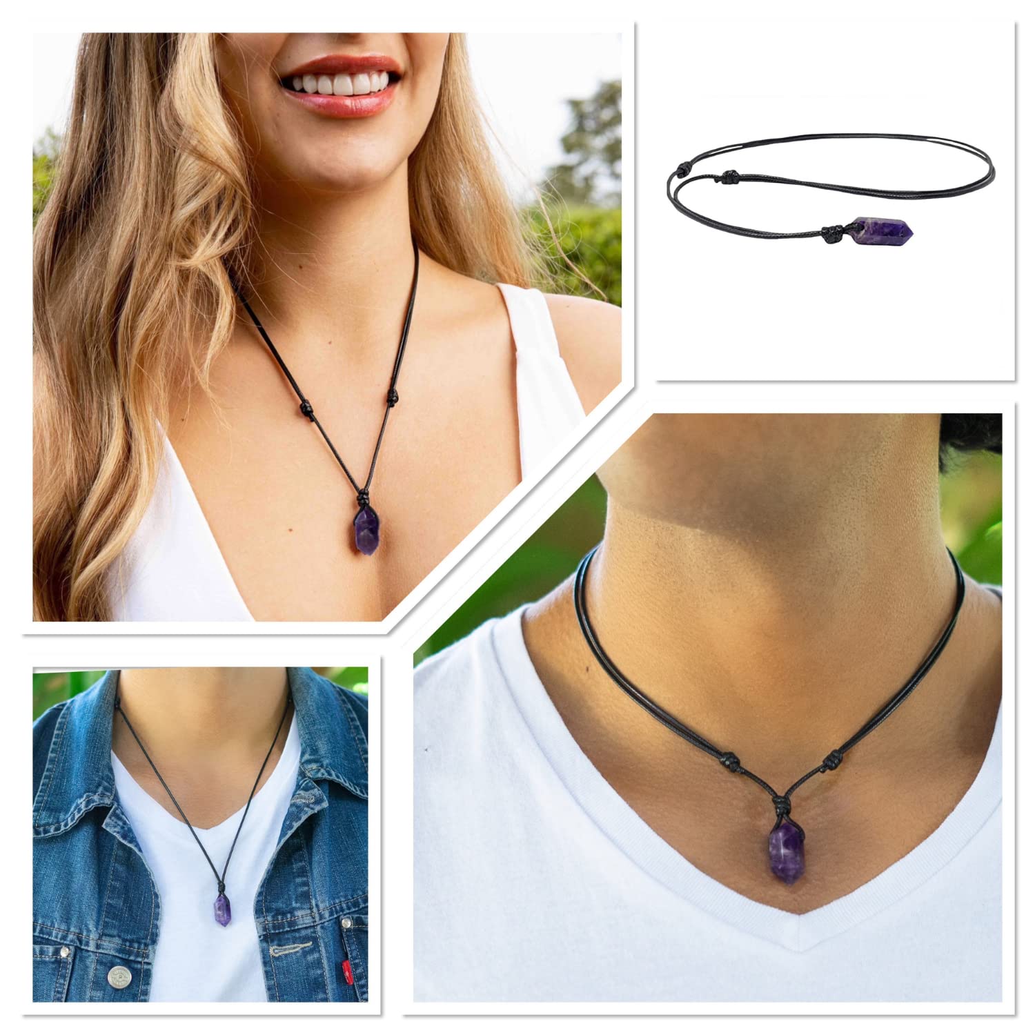 Luck Strings Natural Amethyst Point Necklace Quartz Crystal Pendant for Men Women Unisex Adult - Spiritual Meditation Stone Cord Choker Gift