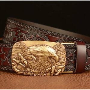 HYJTYA Men's Ratchet Genuine Leather Belt with 3D Eagle Sliding Buckle,Vintage Western Cowboy Leather Engraved Belt (Gold Brown, 39" to 42" Waist Adjustable)