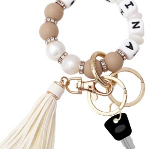 Munchewy Silicone Bead Keychain Bracelet Wristlet Personalized Name for Women House Car Keyring Holder Tassel(Oatmeal/Pearl)