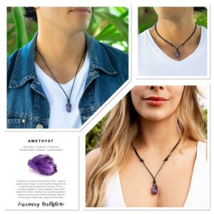 Luck Strings Natural Amethyst Point Necklace Quartz Crystal Pendant for Men Women Unisex Adult - Spiritual Meditation Stone Cord Choker Gift