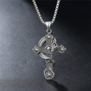 Retro Cross Necklace Dragon Pendant Protection with 23.6'' Stainless Steel Chain