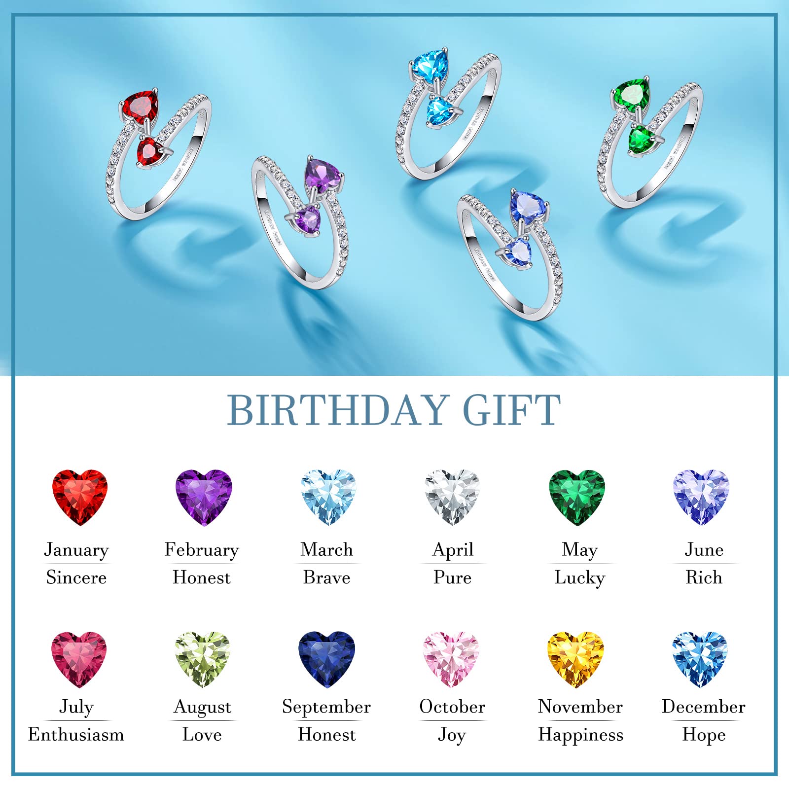 FOREVER QUEEN March Birthstone Rings 925 Sterling Silver Rings Adjustable Open Double Love Heart Stones Rings for Women Birthday Gift