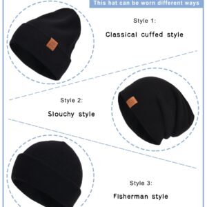 jaxmonoy Wool Cashmere Slouchy Knit Beanies Winter Hats for Women Men Soft Warm Double Layer Reversible Lightweight Slouch Cuffed Skull Beanie Cap - Black