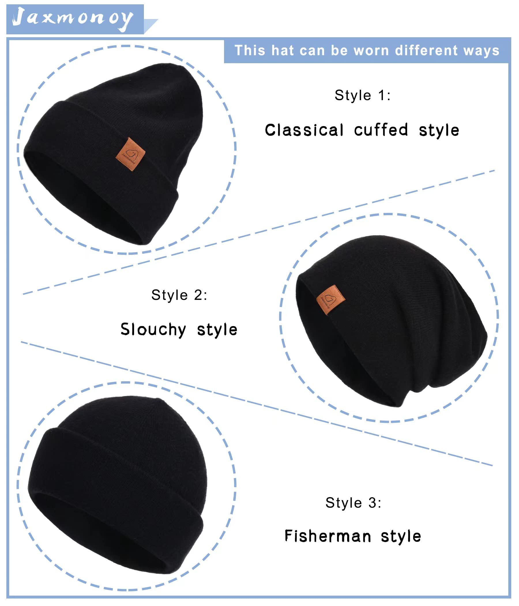 jaxmonoy Wool Cashmere Slouchy Knit Beanies Winter Hats for Women Men Soft Warm Double Layer Reversible Lightweight Slouch Cuffed Skull Beanie Cap - Black