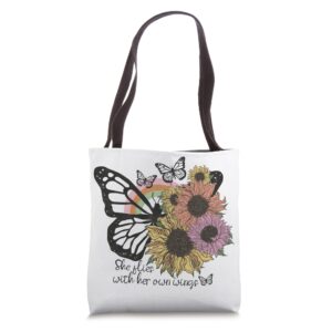 she flies with her own wings, hippie sunflower design tote bag