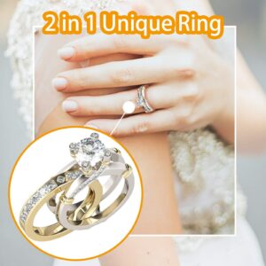 Fashion Jewelry 2 in 1 Simulated Diamond Ring Wedding Band CZ Engagement Ring Solitaire Statement Rings (Gold, 8)