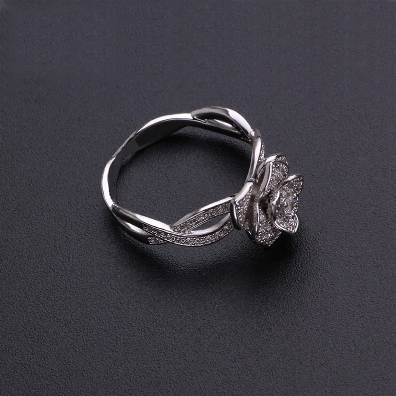 3D Rose Ring CZ Simulated Diamond Ring Flower Ring for Women Anniversary Wedding Engagement Band (Silver, 8)