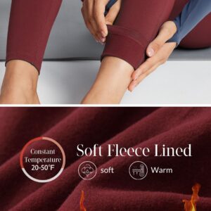 BALEAF Women's Fleece Lined Leggings with Pockets 25" Petite Thermal Winter Warm High Waisted Thick 7/8 Yoga Pants Wine Red S