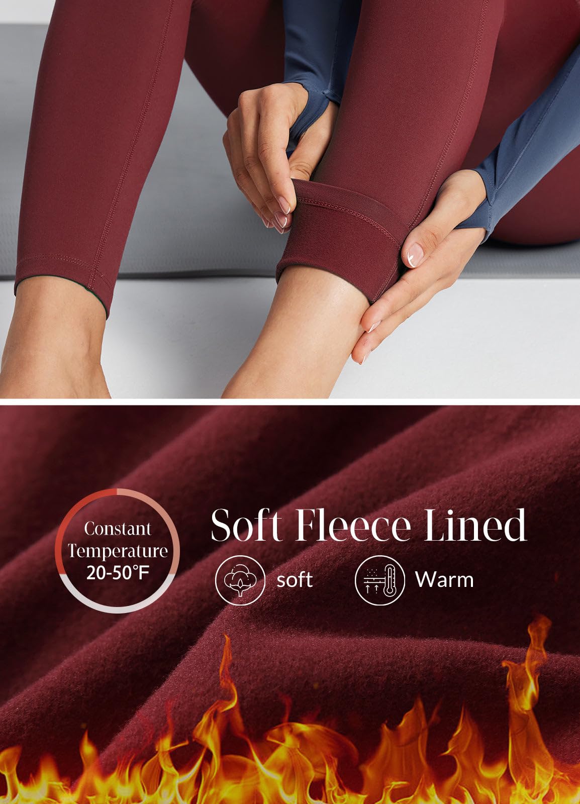 BALEAF Women's Fleece Lined Leggings with Pockets 25" Petite Thermal Winter Warm High Waisted Thick 7/8 Yoga Pants Wine Red S