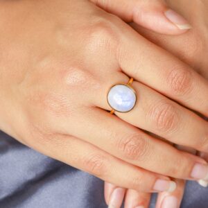 YoTreasure Rainbow Moonstone 925 Sterling Silver Gold Plated Solitaire Ring Jewelry