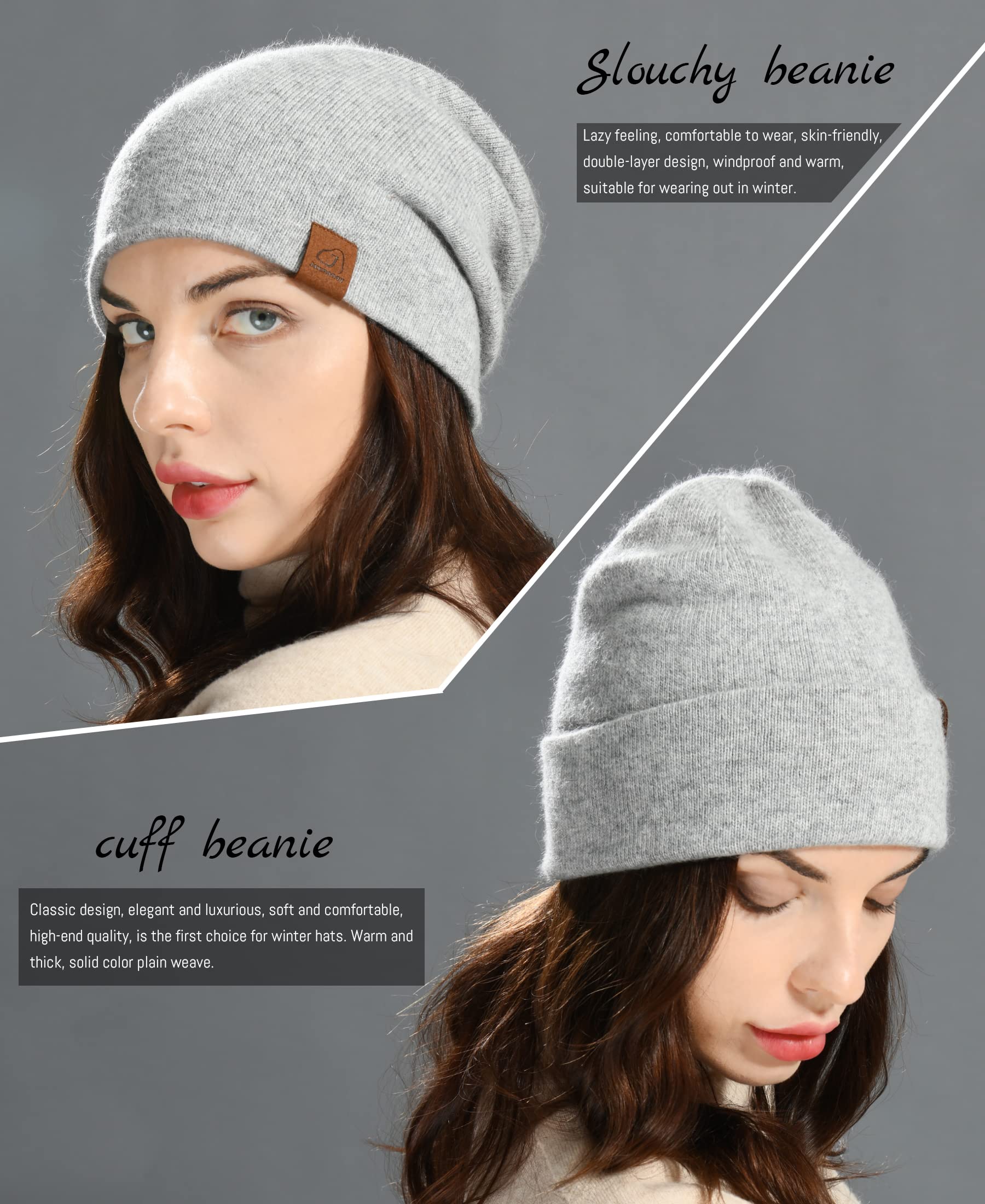 jaxmonoy Wool Cashmere Slouchy Knit Beanies Winter Hats for Women Men Soft Warm Double Layer Reversible Slouch Cuffed Skull Beanie Cap - Light Grey