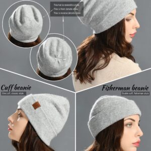 jaxmonoy Wool Cashmere Slouchy Knit Beanies Winter Hats for Women Men Soft Warm Double Layer Reversible Slouch Cuffed Skull Beanie Cap - Light Grey