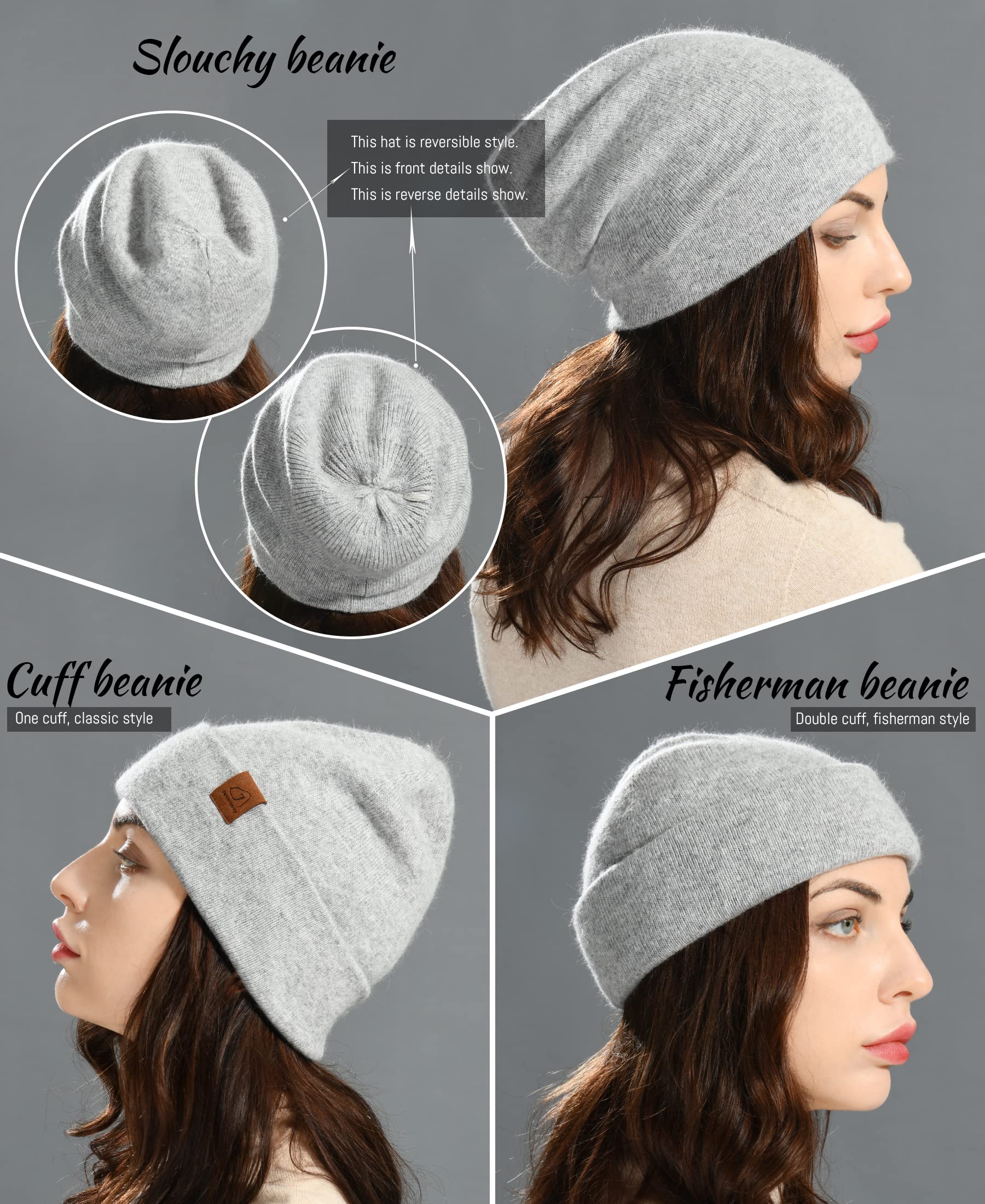 jaxmonoy Wool Cashmere Slouchy Knit Beanies Winter Hats for Women Men Soft Warm Double Layer Reversible Slouch Cuffed Skull Beanie Cap - Light Grey