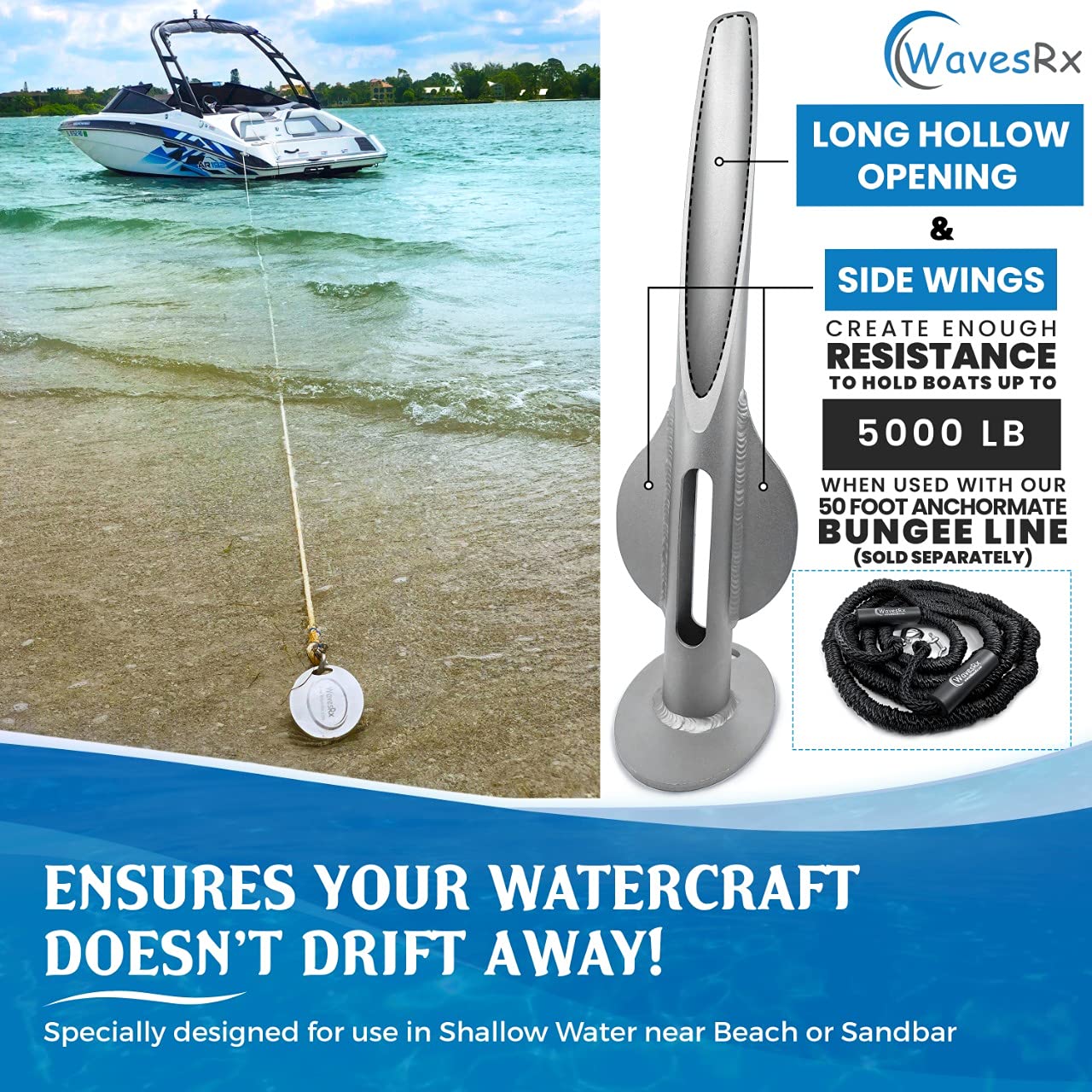 WAVESRX Beach Anchoring Bundle | Aluminum Sand Anchor + Bungee Line 14' | Securely Anchor Your Watercraft in Shallow Water Near Beach or Sandbar | Perfect for Boats, Pontoons, Jet Ski and Other PWC