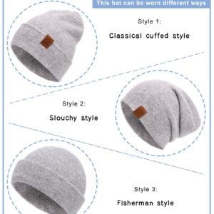 jaxmonoy Wool Cashmere Slouchy Knit Beanies Winter Hats for Women Men Soft Warm Double Layer Reversible Slouch Cuffed Skull Beanie Cap - Light Grey