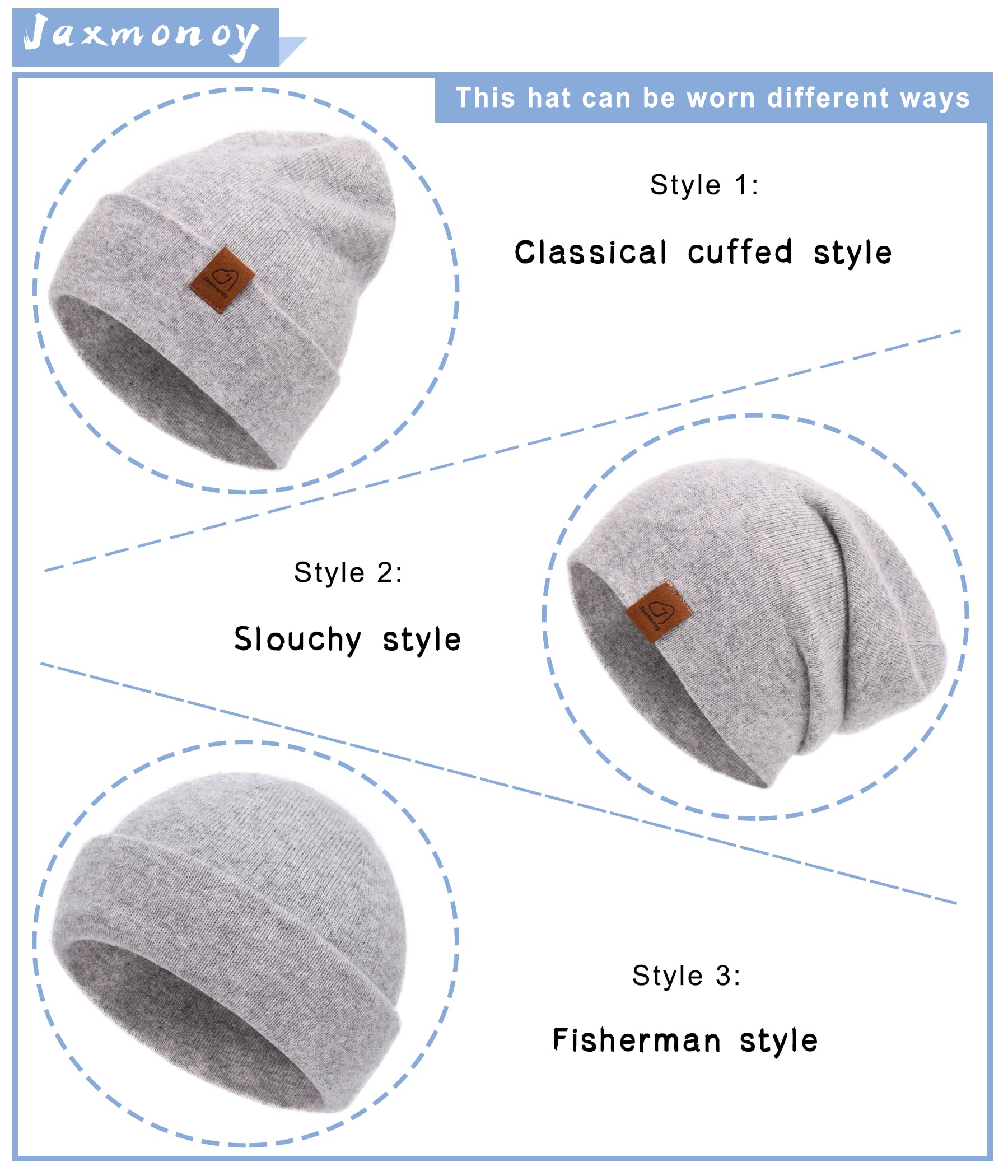 jaxmonoy Wool Cashmere Slouchy Knit Beanies Winter Hats for Women Men Soft Warm Double Layer Reversible Slouch Cuffed Skull Beanie Cap - Light Grey